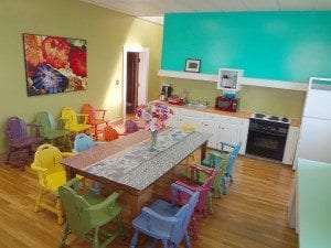 Kitchen/dining/party room, windows on two sides & a skylight, the light is great