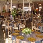 Gold, blue, and peach-pink event decor